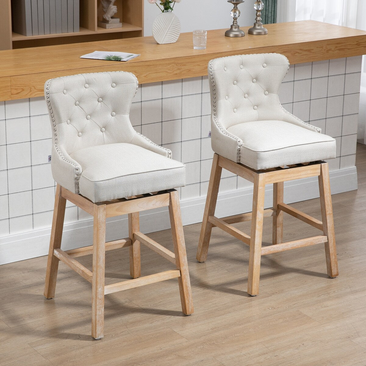 Set of 2 Upholstered Fabric Swivel Bar Stools with Footrest