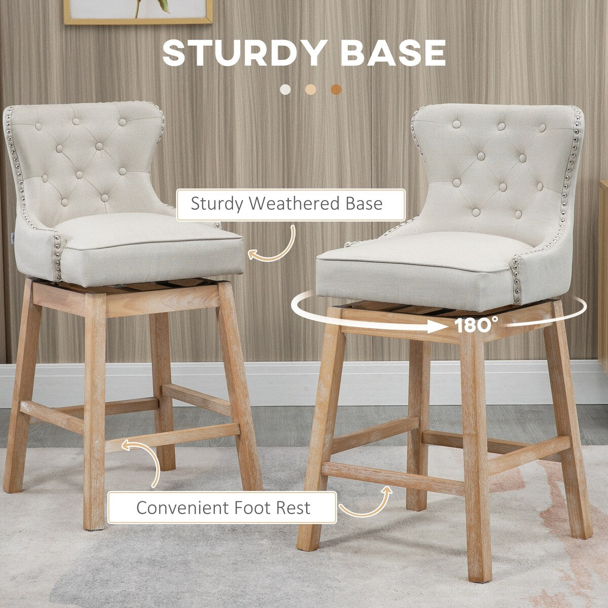 Set of 2 Upholstered Fabric Swivel Bar Stools with Footrest