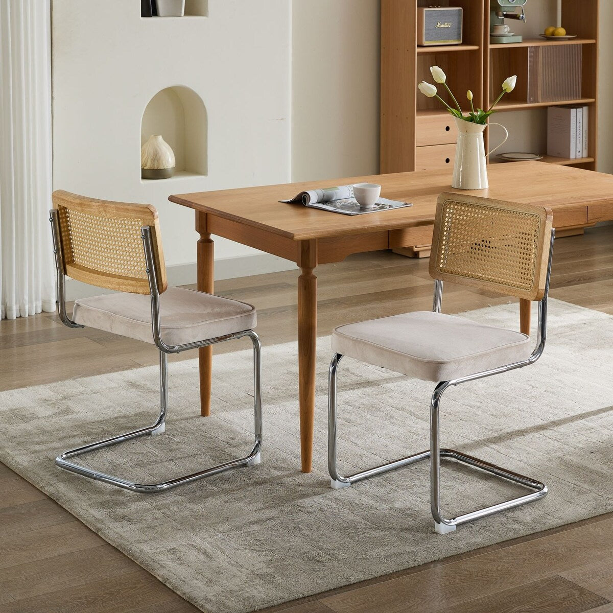 Set of 2 Upholstered Velvet Dining Chairs with Natural Cane Back