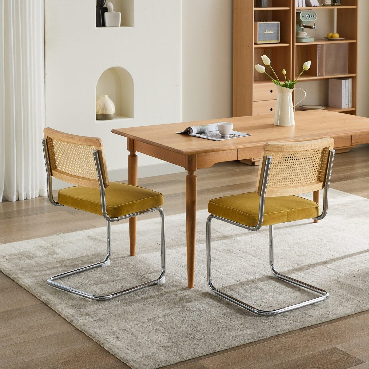 Set of 2 Upholstered Velvet Dining Chairs with Natural Cane Back