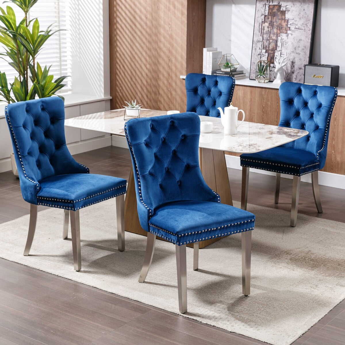Set of 2 Velvet Dining Chairs with Nailhead Trim and Chrome-Plated Stainless Steel Legs