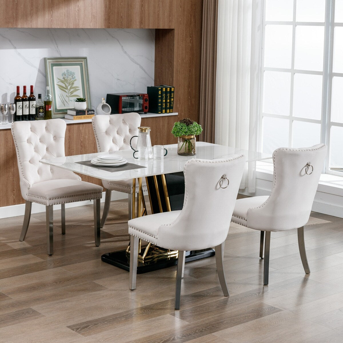 Set of 2 Velvet Dining Chairs with Nailhead Trim and Chrome-Plated Stainless Steel Legs