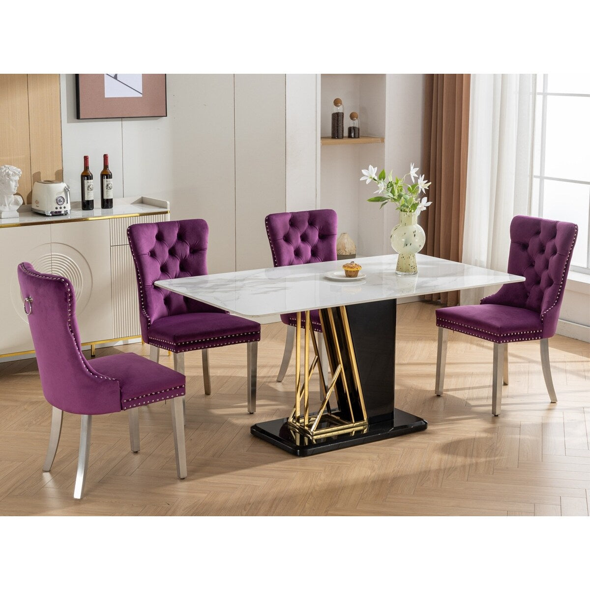Set of 2 Velvet Dining Chairs with Nailhead Trim and Chrome-Plated Stainless Steel Legs