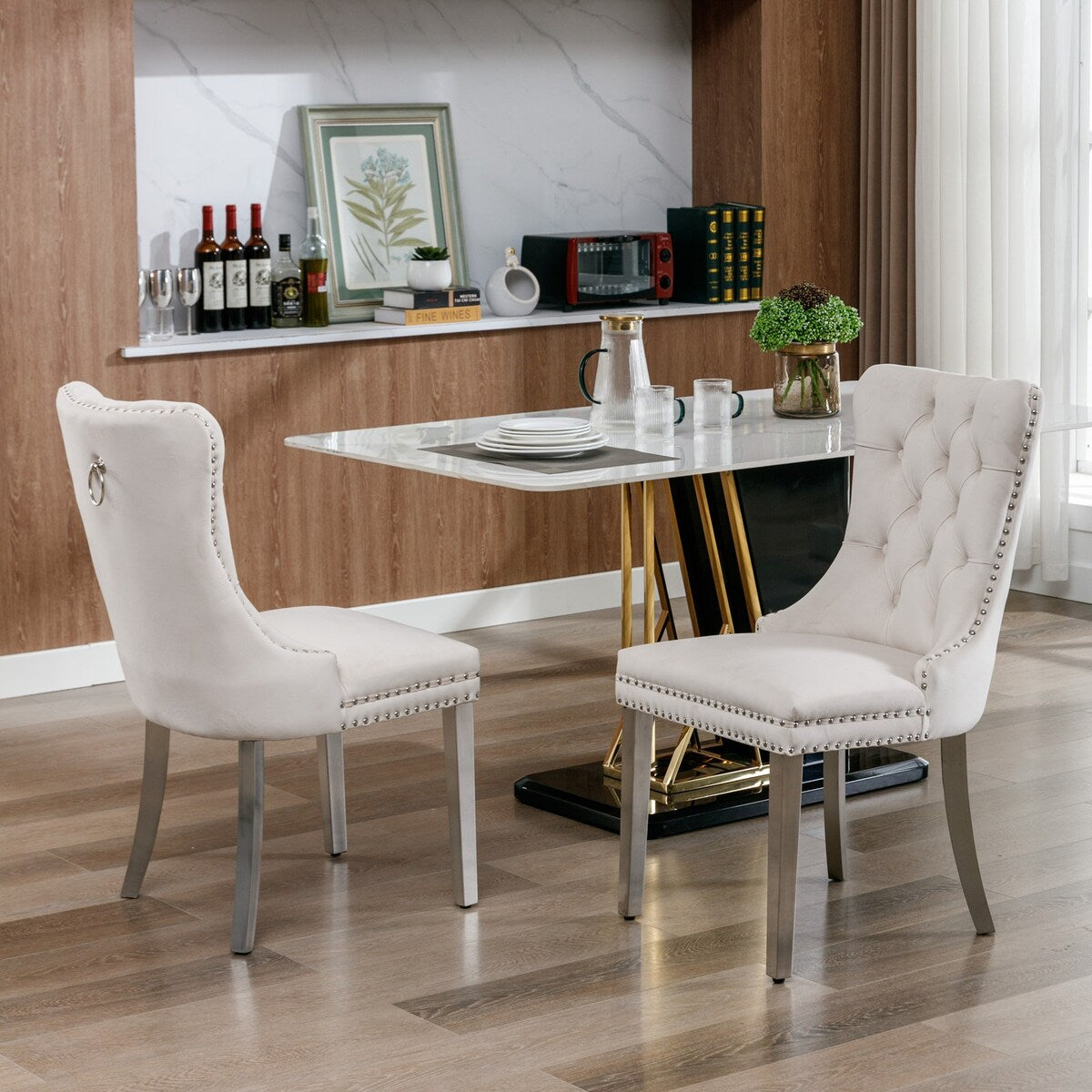 Set of 2 Velvet Dining Chairs with Nailhead Trim and Chrome-Plated Stainless Steel Legs
