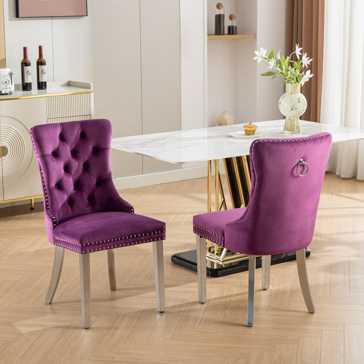 Set of 2 Velvet Dining Chairs with Nailhead Trim and Chrome-Plated Stainless Steel Legs