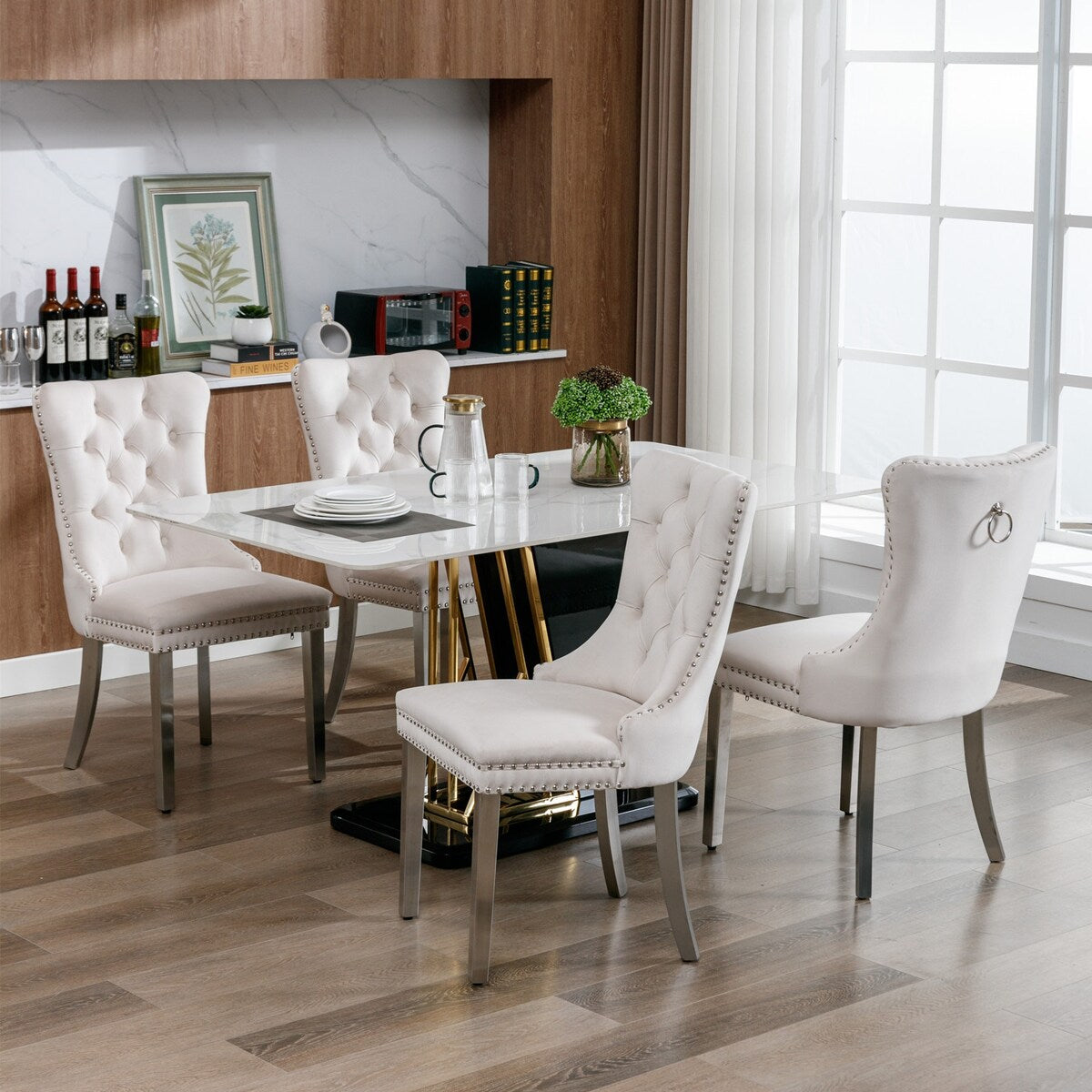 Set of 2 Velvet Dining Chairs with Nailhead Trim and Chrome-Plated Stainless Steel Legs