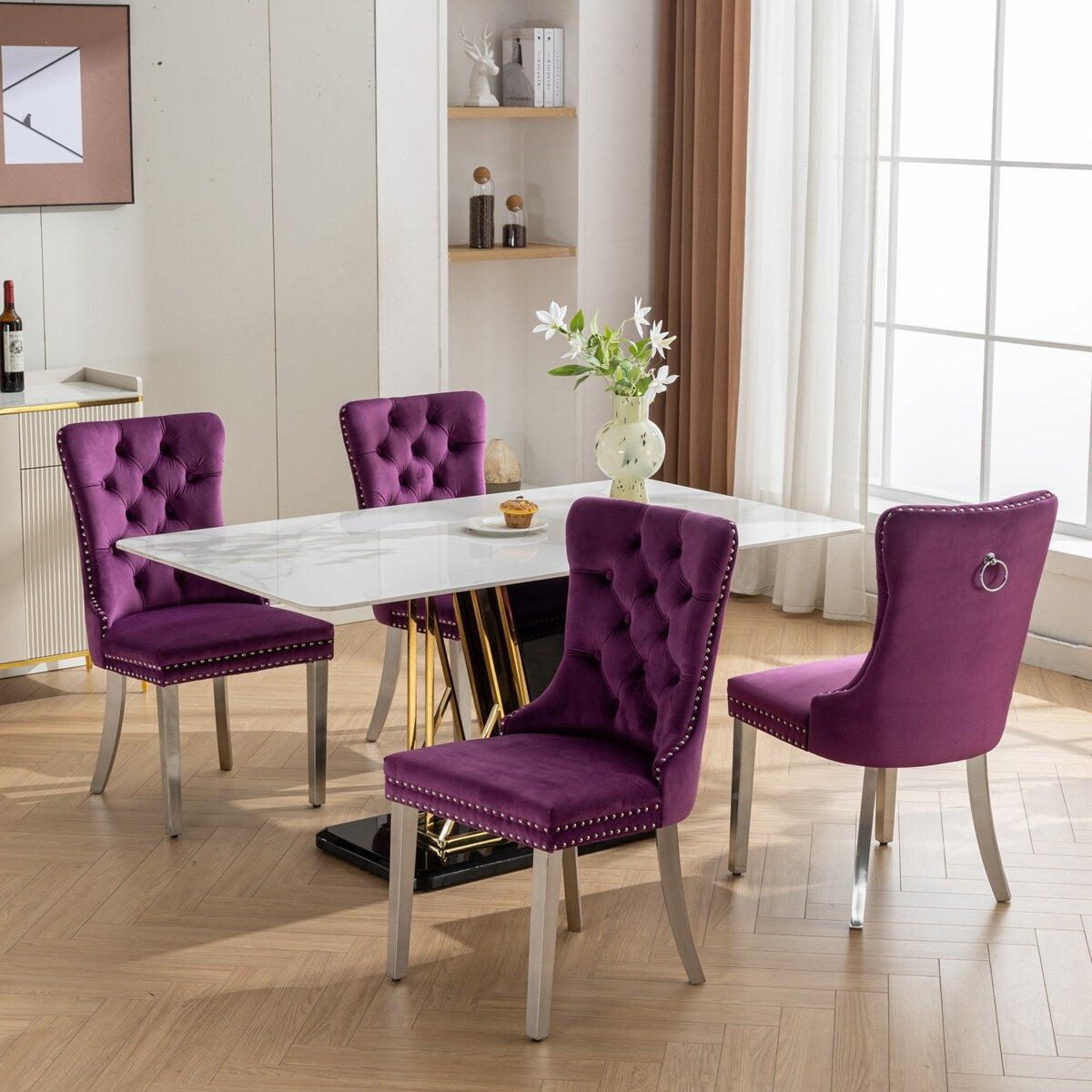 Set of 2 Velvet Dining Chairs with Nailhead Trim and Chrome-Plated Stainless Steel Legs