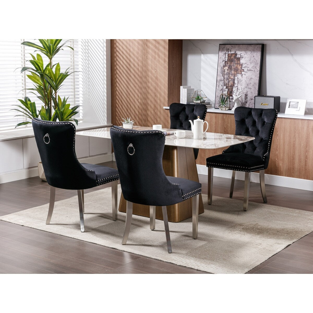 Set of 2 Velvet Dining Chairs with Nailhead Trim and Chrome-Plated Stainless Steel Legs