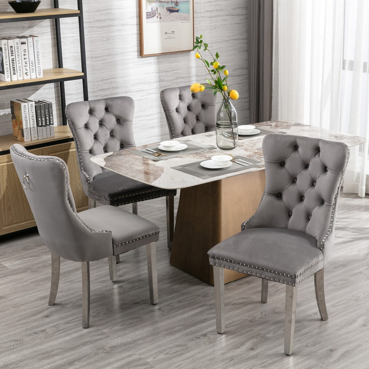 Set of 2 Velvet Dining Chairs with Nailhead Trim and Chrome-Plated Stainless Steel Legs