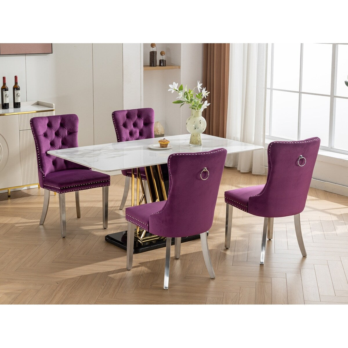 Set of 2 Velvet Dining Chairs with Nailhead Trim and Chrome-Plated Stainless Steel Legs