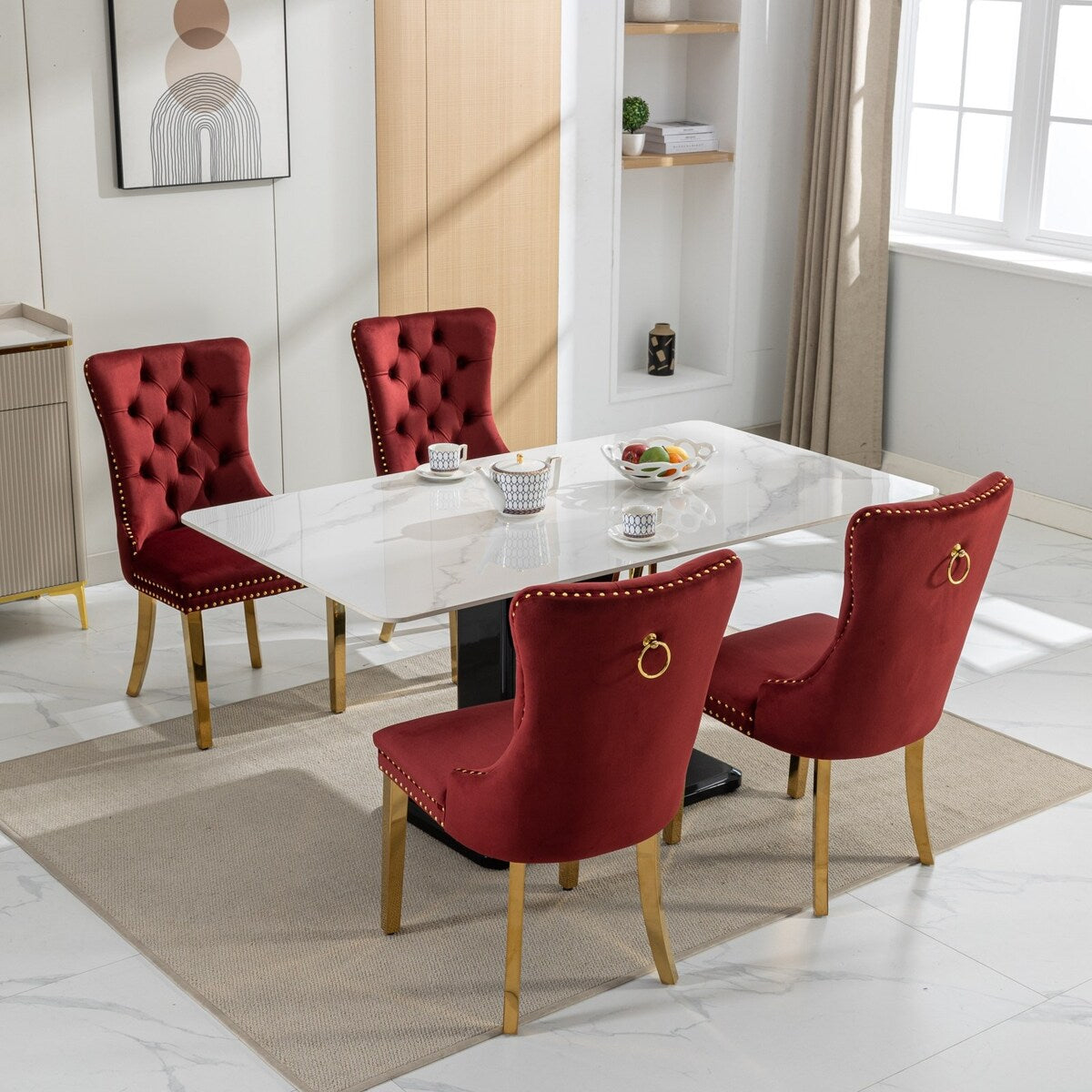 Set of 2 Velvet Dining Chairs with Nailhead Trim and Gold-Plated Legs