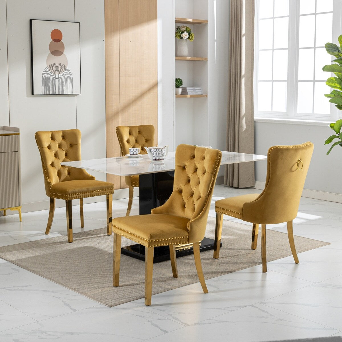 Set of 2 Velvet Dining Chairs with Nailhead Trim and Gold-Plated Legs