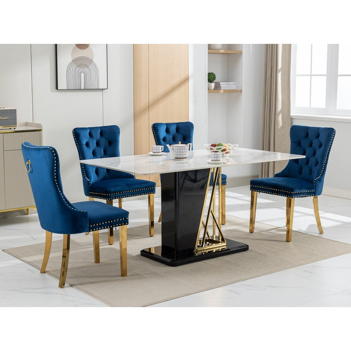 Set of 2 Velvet Dining Chairs with Nailhead Trim and Gold-Plated Legs