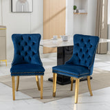 Set of 2 Velvet Dining Chairs with Nailhead Trim and Gold-Plated Legs
