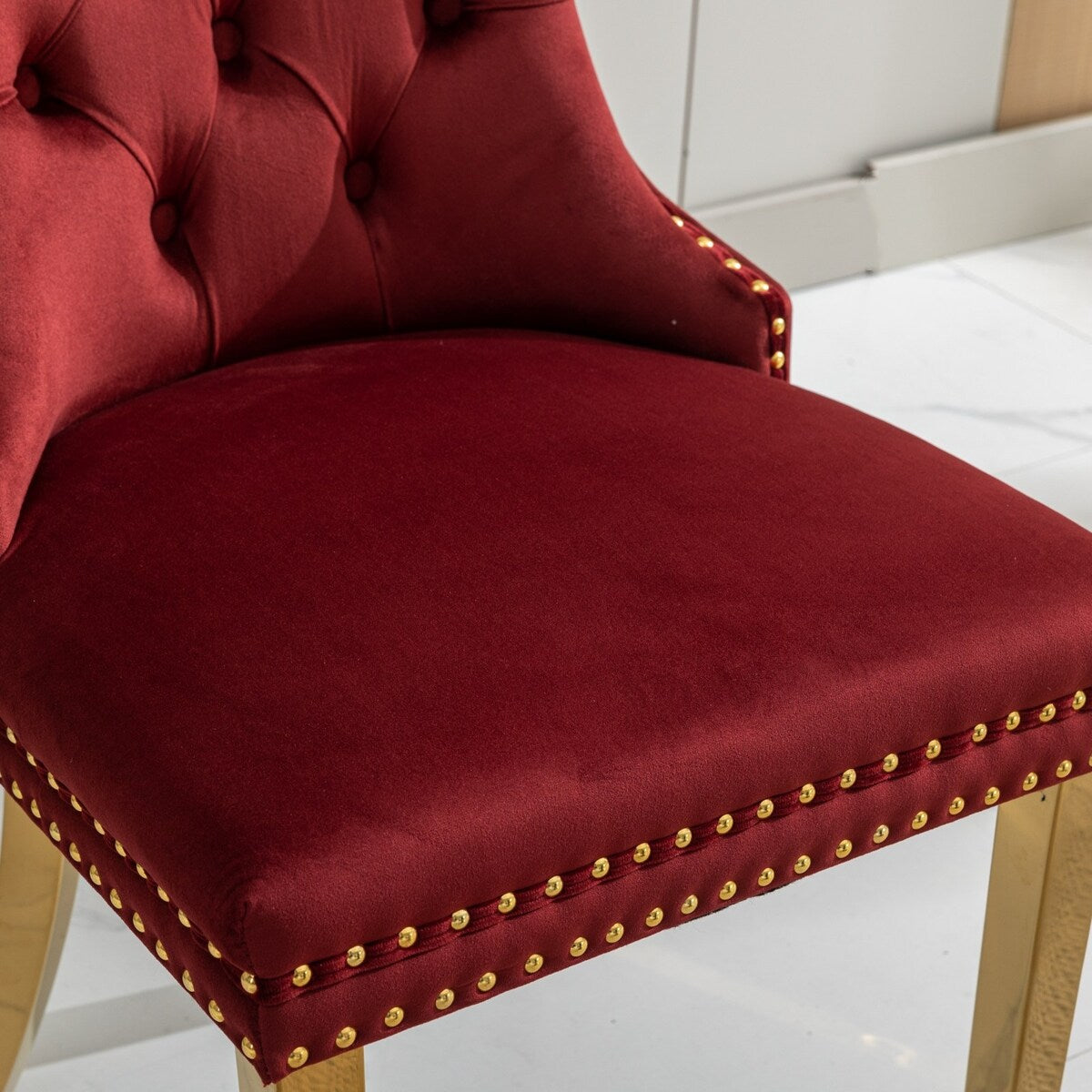 Set of 2 Velvet Dining Chairs with Nailhead Trim and Gold-Plated Legs