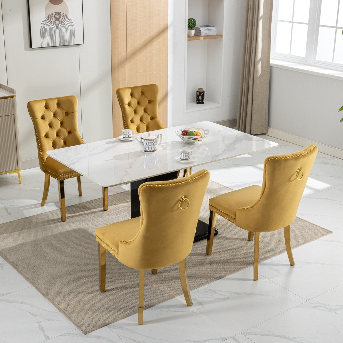 Set of 2 Velvet Dining Chairs with Nailhead Trim and Gold-Plated Legs