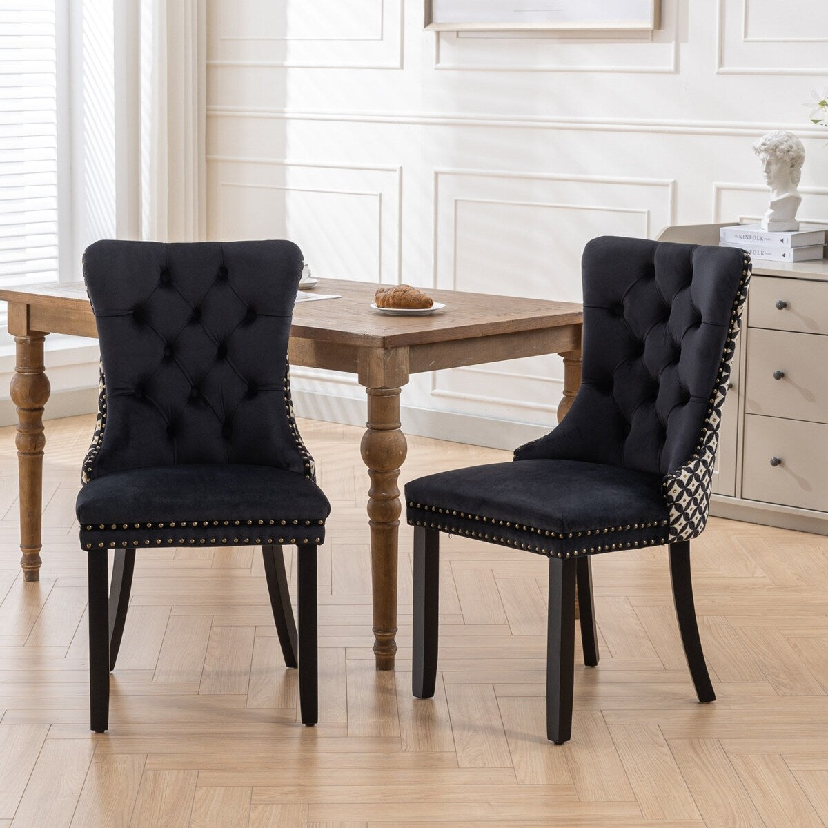 Set of 2 Velvet Upholstered Dining Chairs with Nailhead Trim and Wooden Legs