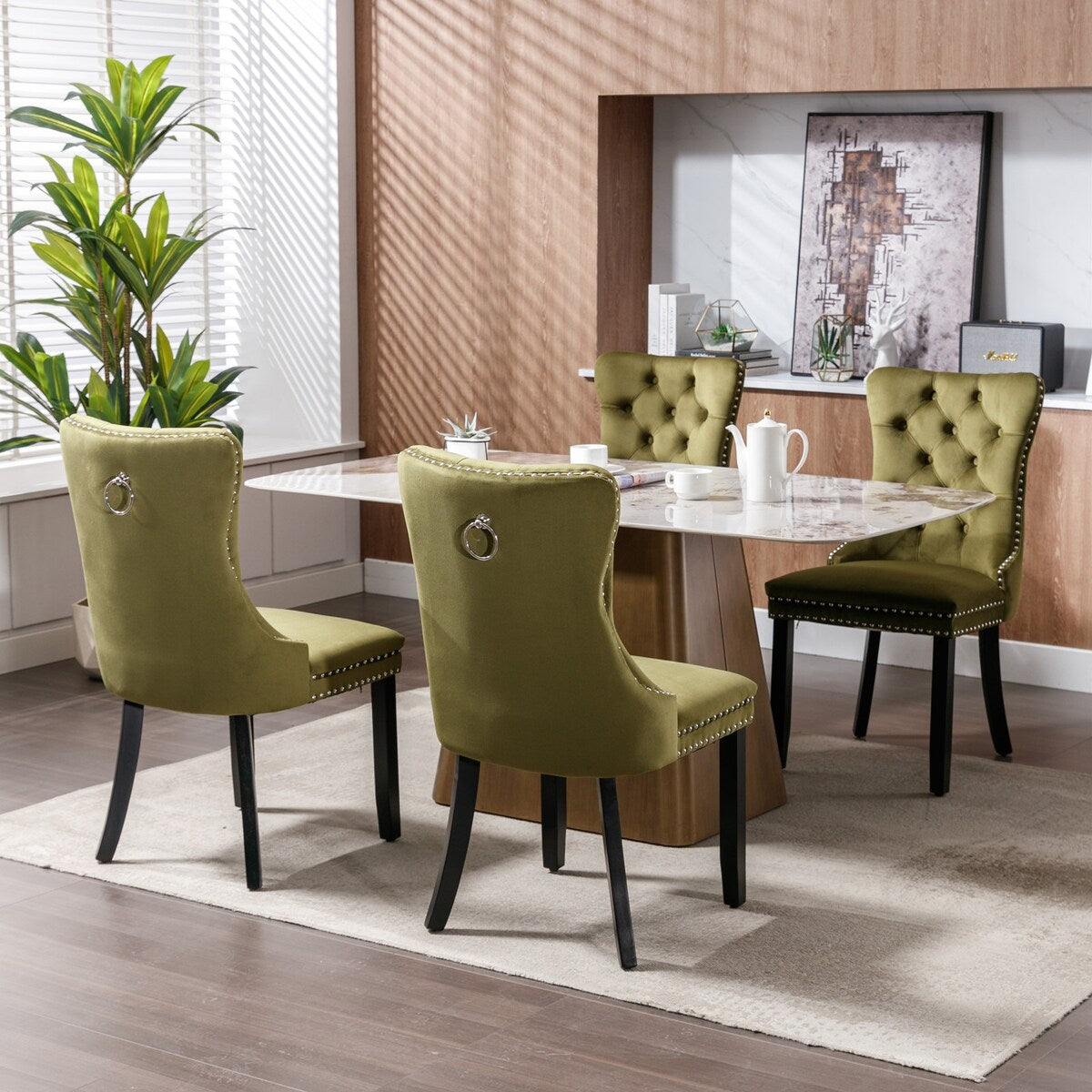 Set of 2 Velvet Upholstered Dining Chairs with Nailhead Trim and Wooden Legs