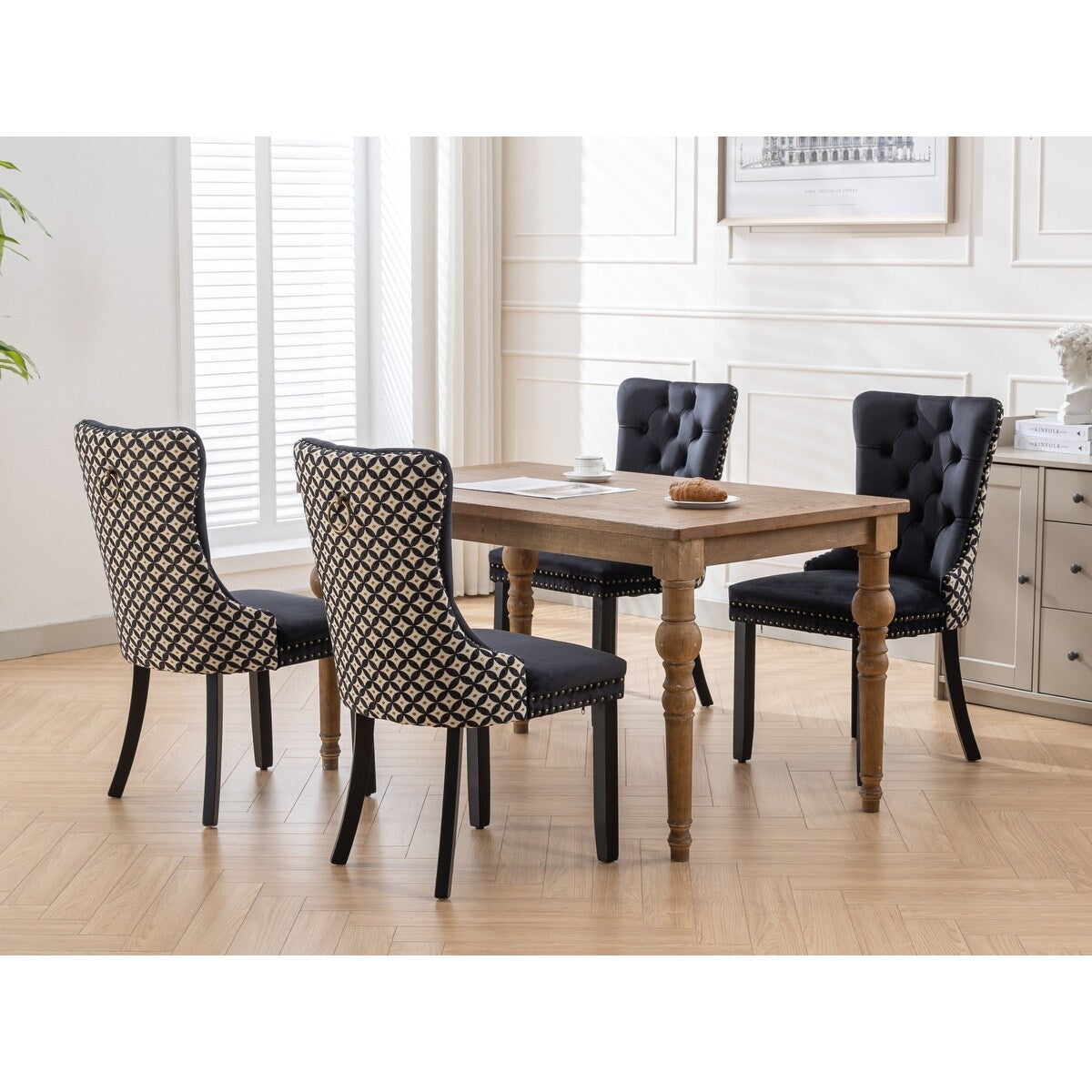Set of 2 Velvet Upholstered Dining Chairs with Nailhead Trim and Wooden Legs
