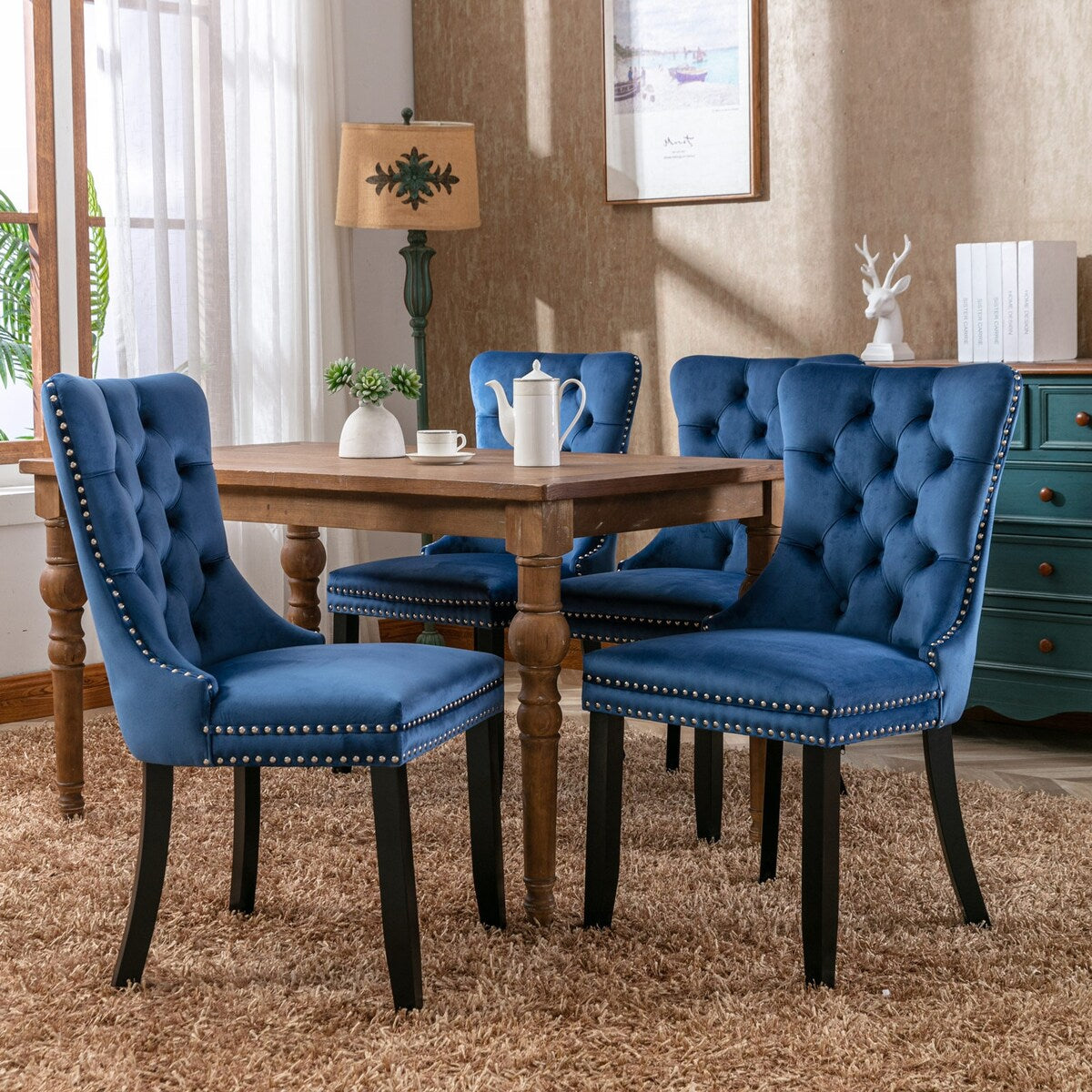 Set of 2 Velvet Upholstered Dining Chairs with Nailhead Trim and Wooden Legs