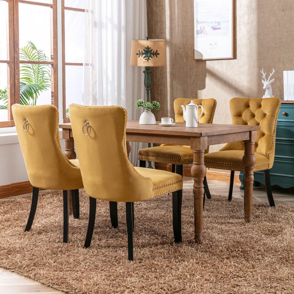 Set of 2 Velvet Upholstered Dining Chairs with Nailhead Trim and Wooden Legs