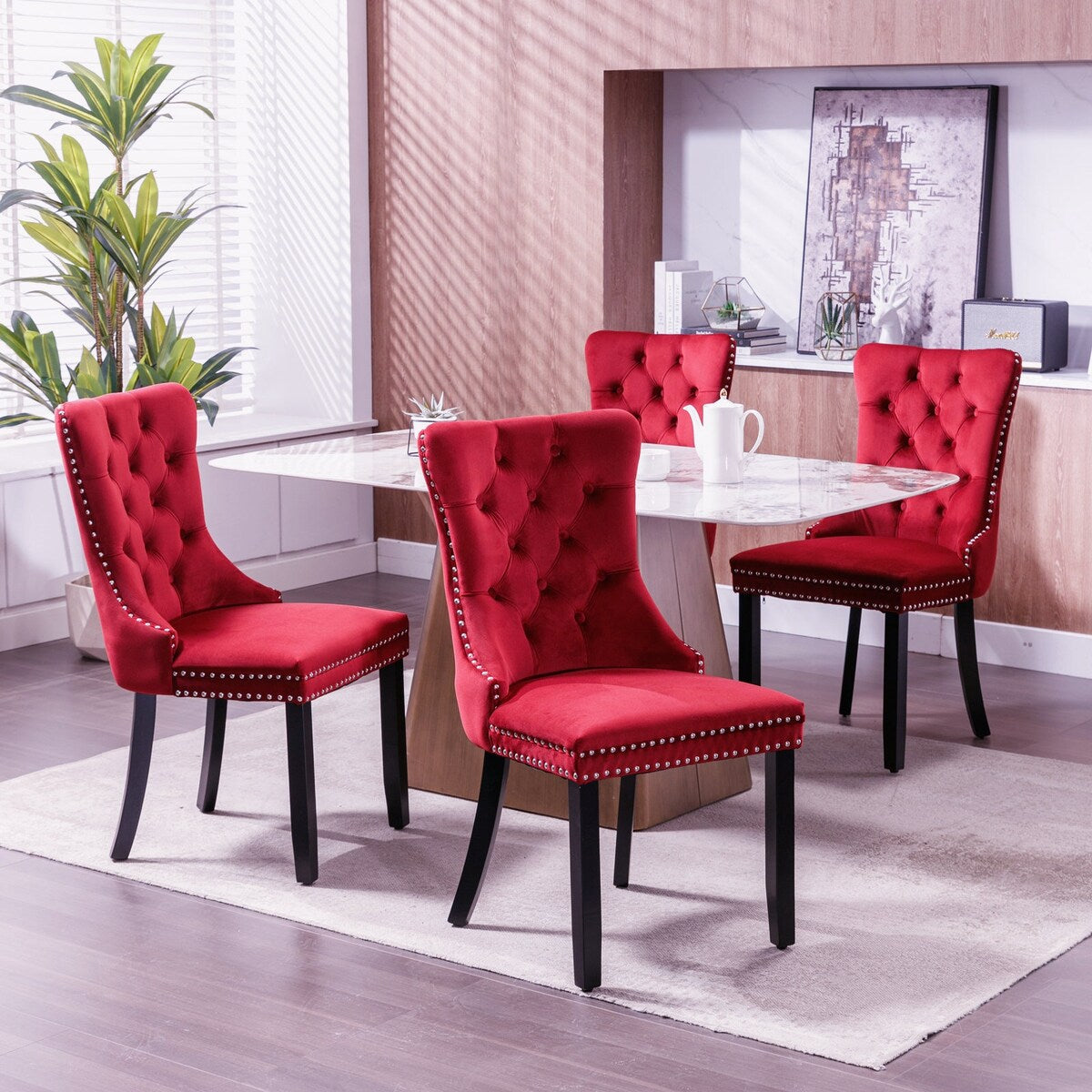Set of 2 Velvet Upholstered Dining Chairs with Nailhead Trim and Wooden Legs