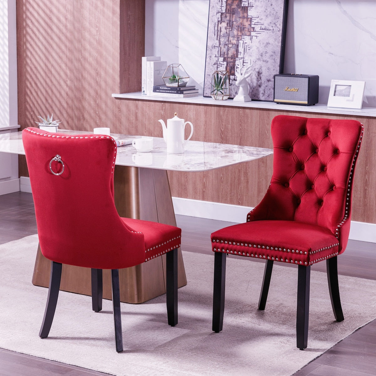 Set of 2 Velvet Upholstered Dining Chairs with Nailhead Trim and Wooden Legs
