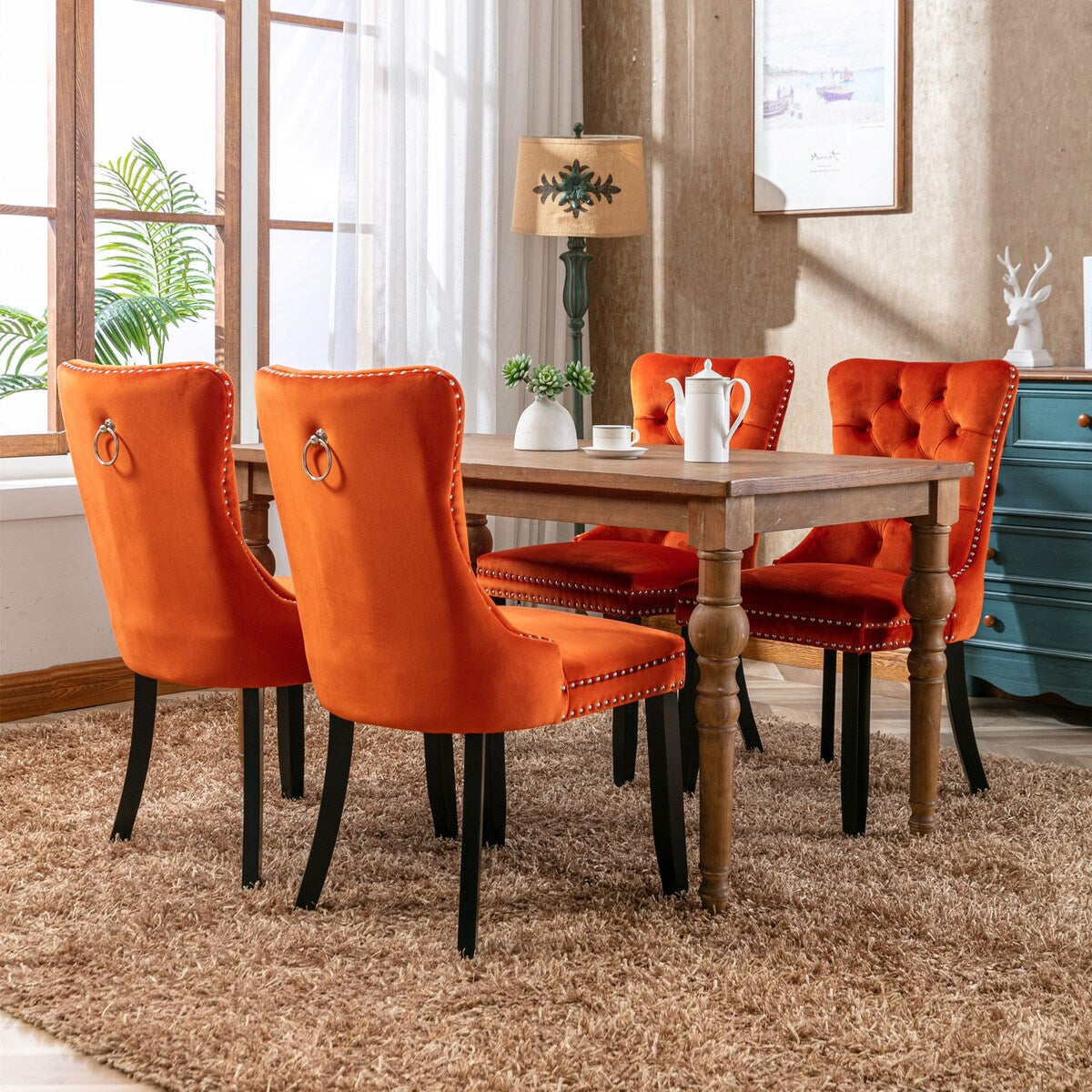 Set of 2 Velvet Upholstered Dining Chairs with Nailhead Trim and Wooden Legs