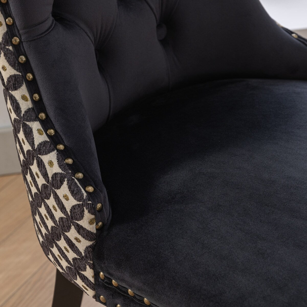 Set of 2 Velvet Upholstered Dining Chairs with Nailhead Trim and Wooden Legs