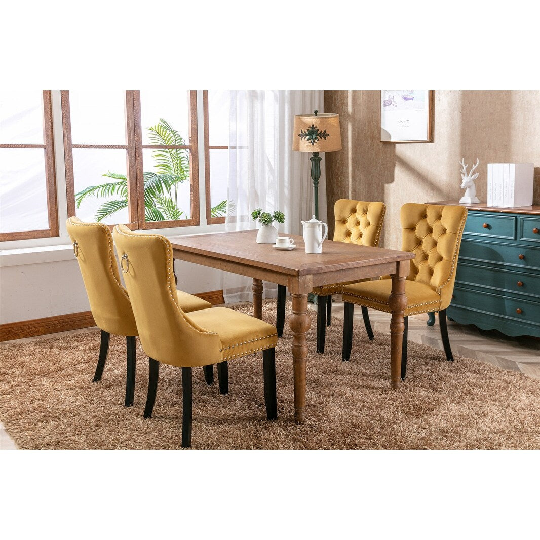 Set of 2 Velvet Upholstered Dining Chairs with Nailhead Trim and Wooden Legs