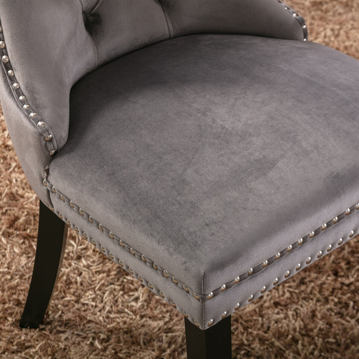 Set of 2 Velvet Upholstered Dining Chairs with Nailhead Trim and Wooden Legs