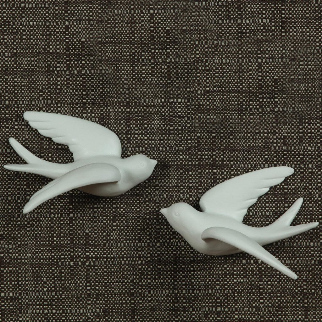 Set of 2 White Ceramic Sparrows Wall Décor - 3"H x 3"W x 6.25"D