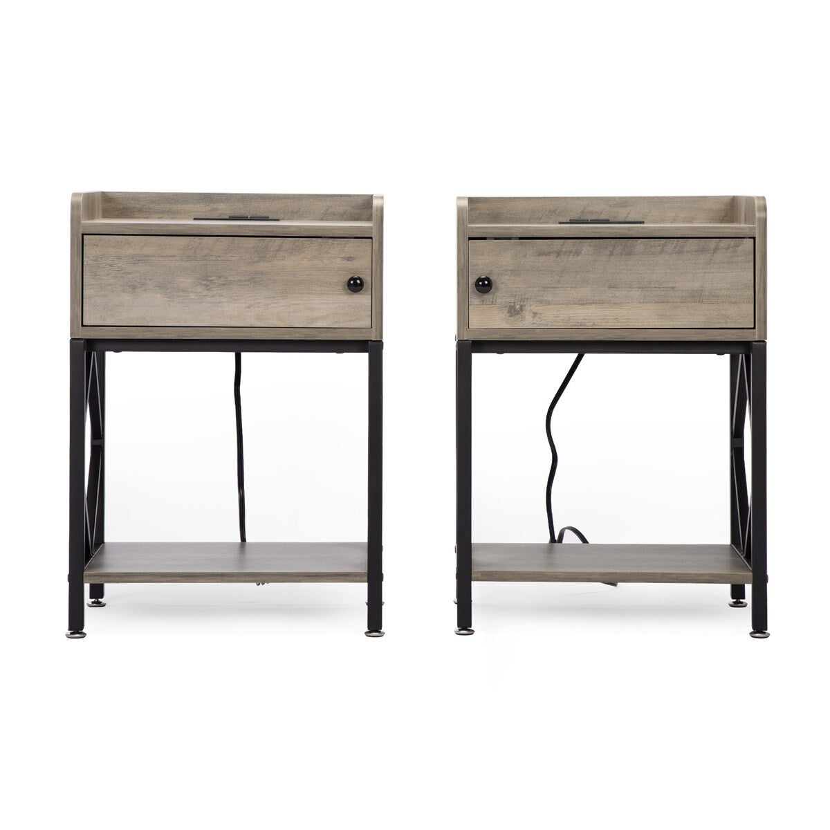 Set of 2 Wood Nightstand, Farmhouse End Table with Charging Station, USB Ports, Cabinet, and Shelf