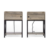 Set of 2 Wood Nightstand, Farmhouse End Table with Charging Station, USB Ports, Cabinet, and Shelf