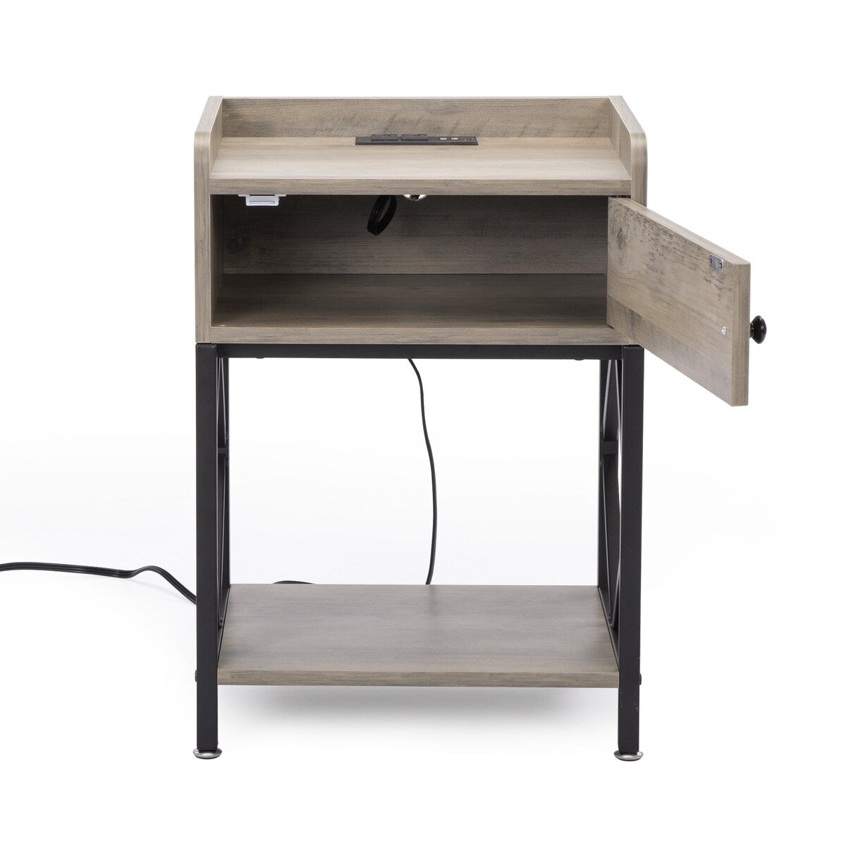 Set of 2 Wood Nightstand, Farmhouse End Table with Charging Station, USB Ports, Cabinet, and Shelf