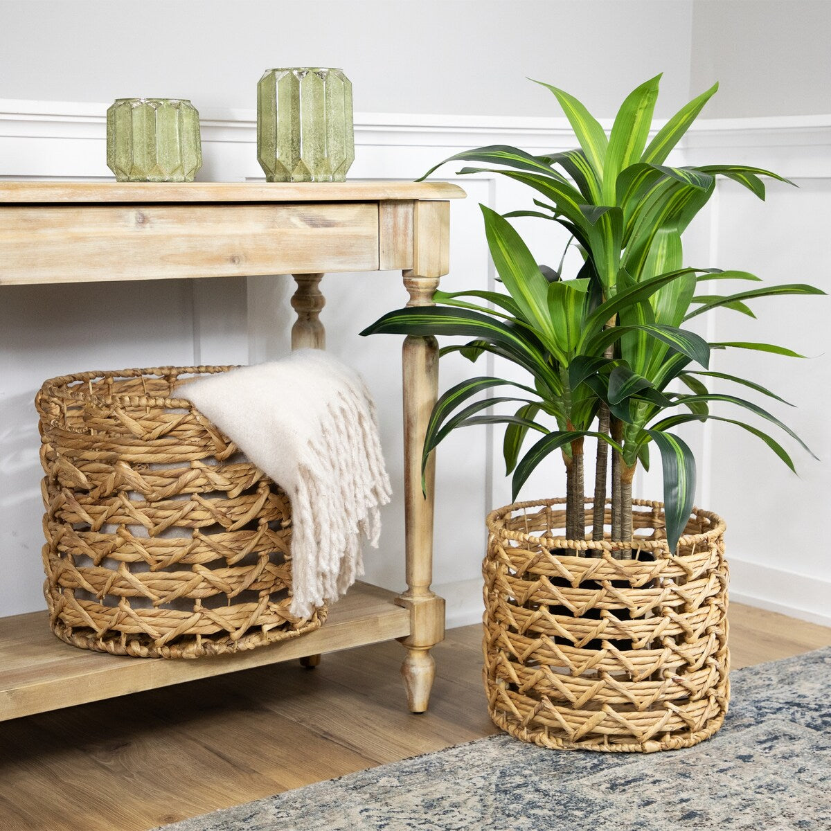 Set of 2 Wood-tone Open Fishtail Water Hyacinth Baskets with Built-in Handles15.75" - 15.75"