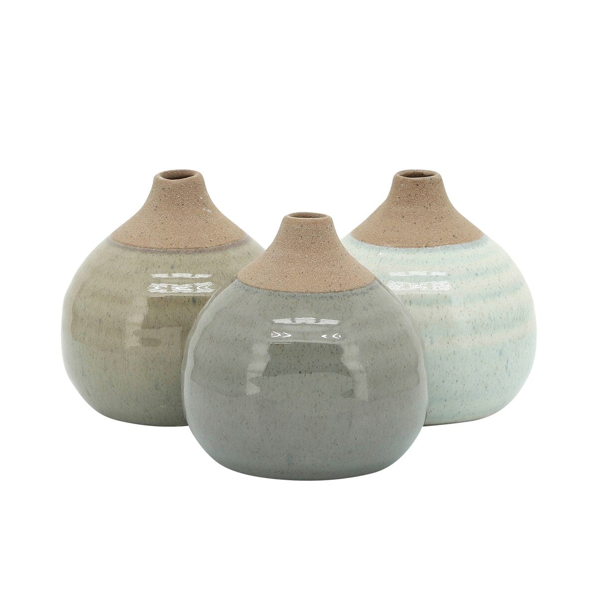 Set of 3 Glazed Bud Vases, Green, beige 3.5"H