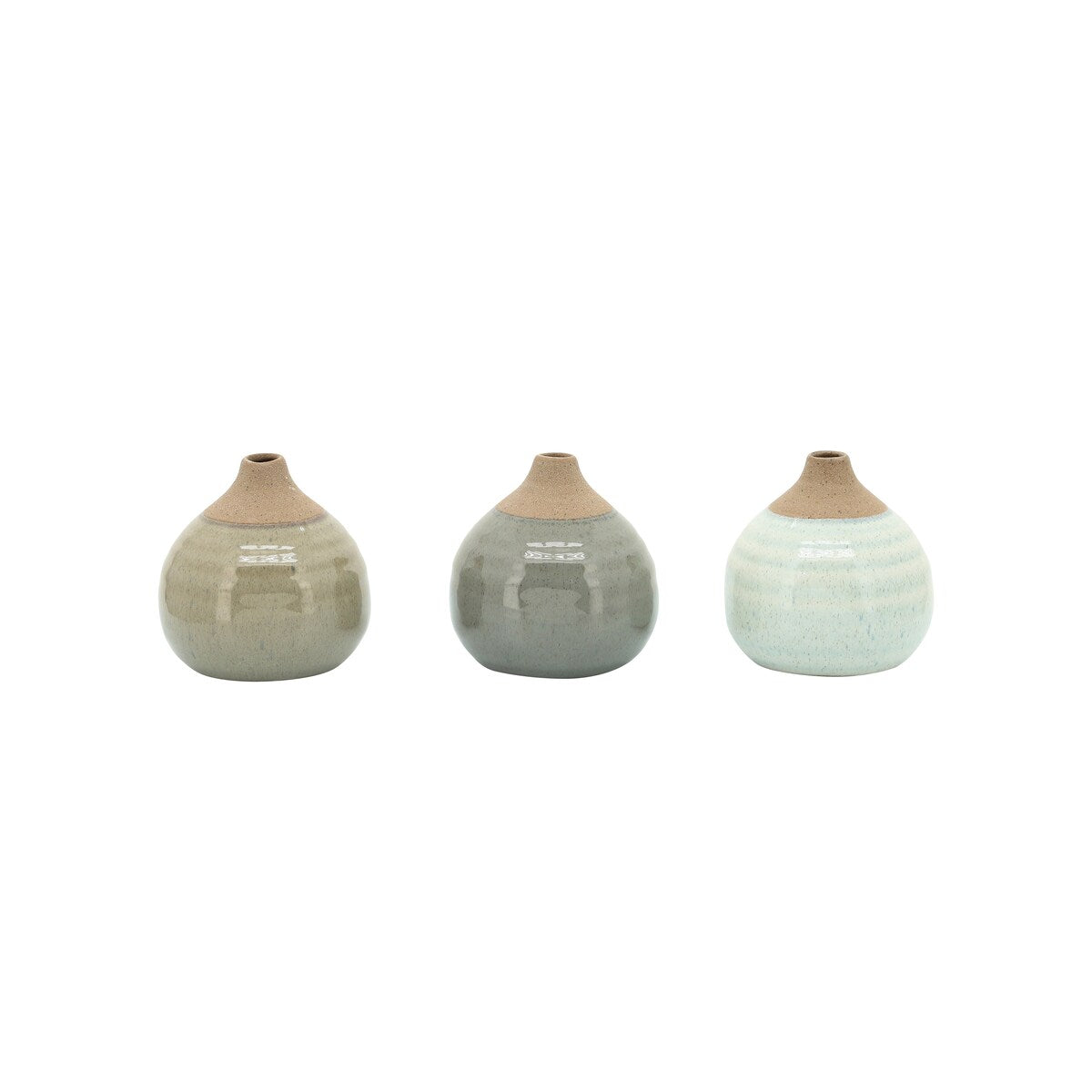 Set of 3 Glazed Bud Vases, Green, beige 3.5"H