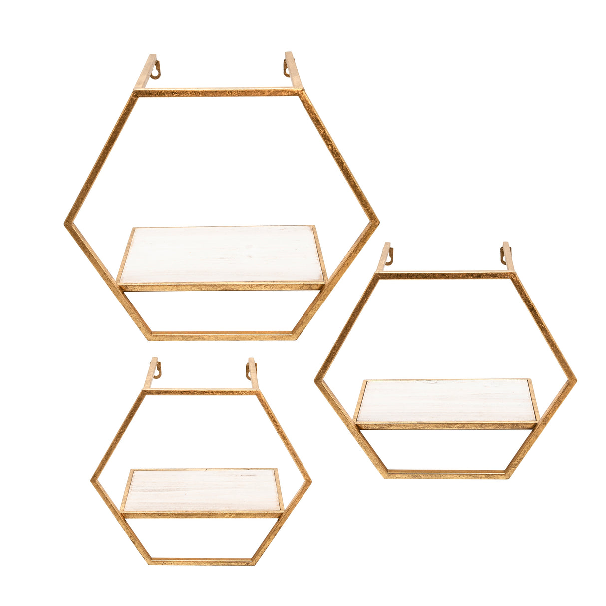 Sagebrook Home Set of 3 Hexagon Shaped Wall Shelves - Gold Metal and Wood Wall Accent Shelves For Bedroom, Bathroom, Home Decor