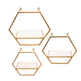 Sagebrook Home Set of 3 Hexagon Shaped Wall Shelves - Gold Metal and Wood Wall Accent Shelves For Bedroom, Bathroom, Home Decor