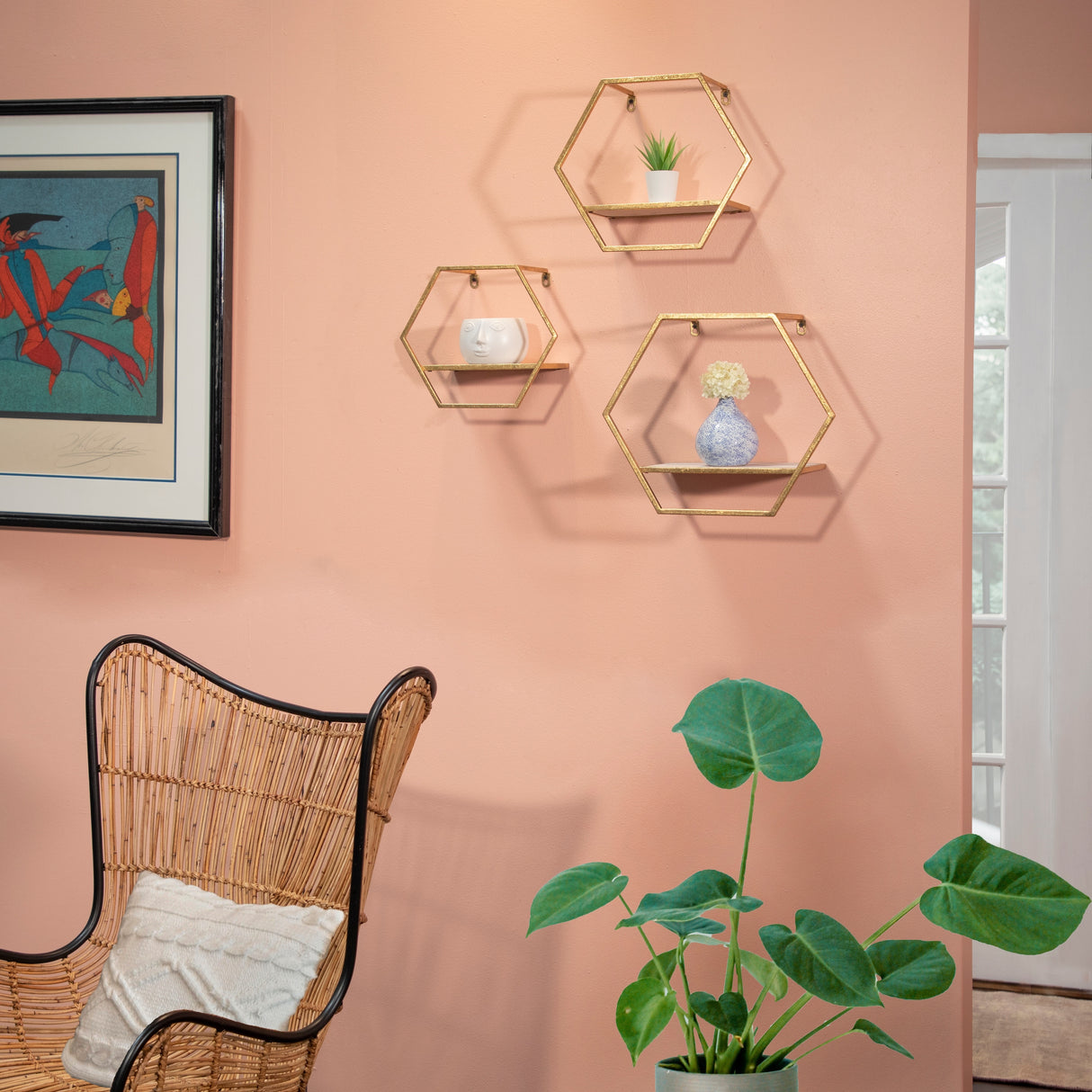 Sagebrook Home Set of 3 Hexagon Shaped Wall Shelves - Gold Metal and Wood Wall Accent Shelves For Bedroom, Bathroom, Home Decor