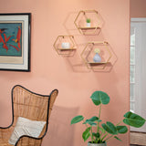 Sagebrook Home Set of 3 Hexagon Shaped Wall Shelves - Gold Metal and Wood Wall Accent Shelves For Bedroom, Bathroom, Home Decor