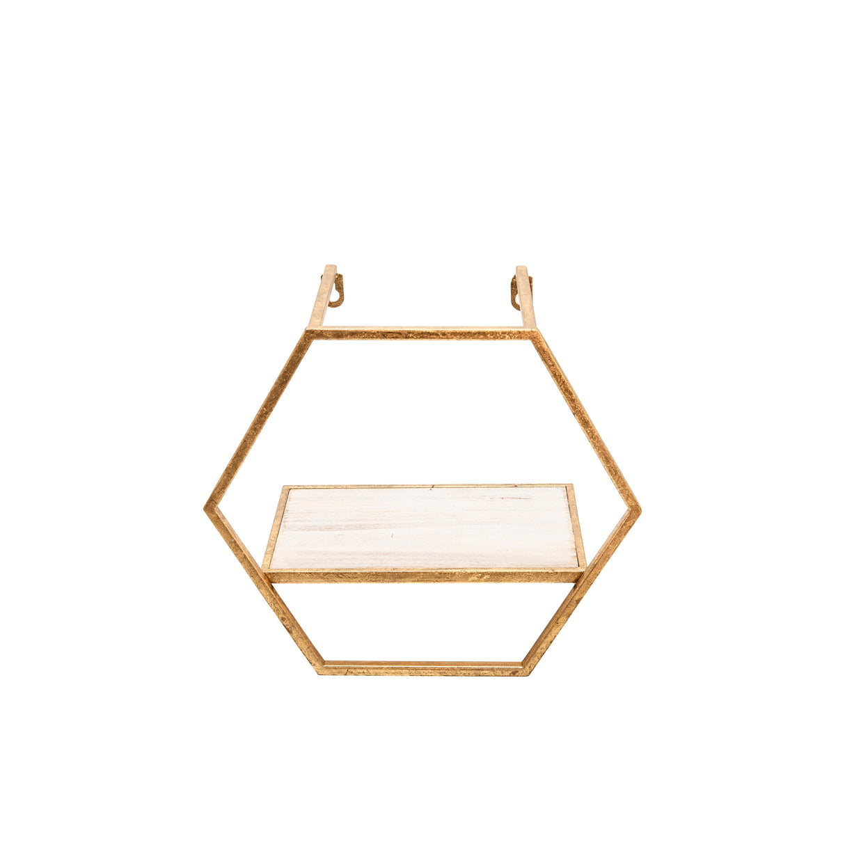 Sagebrook Home Set of 3 Hexagon Shaped Wall Shelves - Gold Metal and Wood Wall Accent Shelves For Bedroom, Bathroom, Home Decor