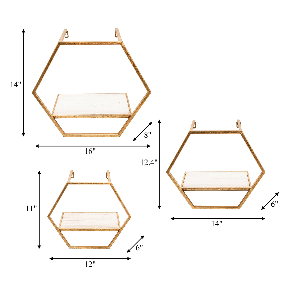 Sagebrook Home Set of 3 Hexagon Shaped Wall Shelves - Gold Metal and Wood Wall Accent Shelves For Bedroom, Bathroom, Home Decor