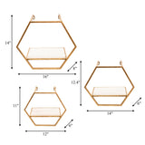 Sagebrook Home Set of 3 Hexagon Shaped Wall Shelves - Gold Metal and Wood Wall Accent Shelves For Bedroom, Bathroom, Home Decor