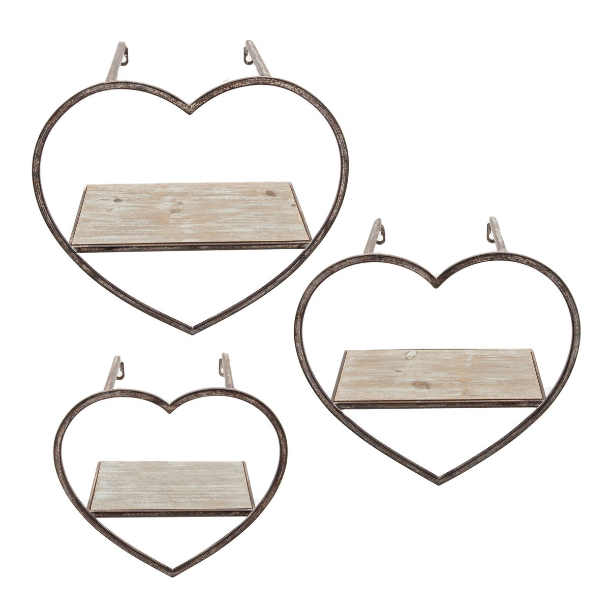 Set of 3 Metal, wood Heart Wall Shelves, Brown 15.0"H - 16.0" x 8.0" x 15.0"