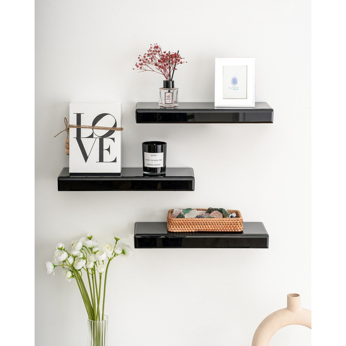 Set of 3 Mirrored Glass Floating Shelves - N/A