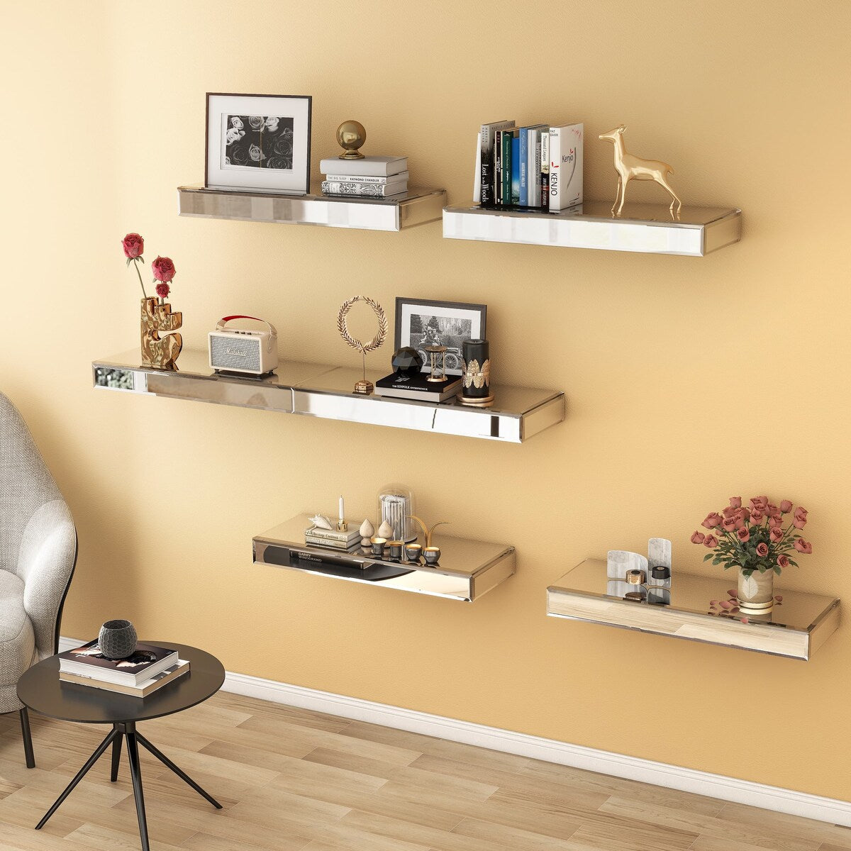 Set of 3 Mirrored Glass Floating Shelves - N/A
