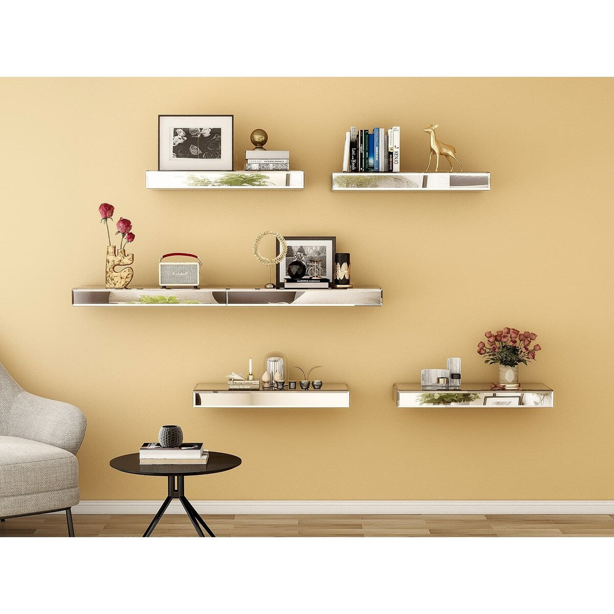 Set of 3 Mirrored Glass Floating Shelves - N/A