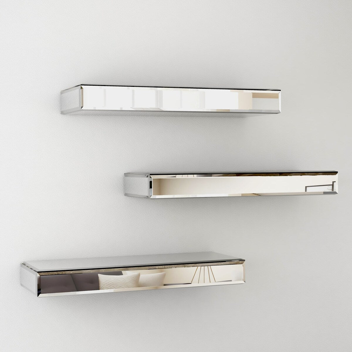 Set of 3 Mirrored Glass Floating Shelves - N/A